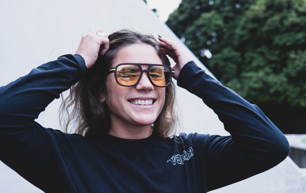 Good Citizens Lucila wears our recycled sunglasses