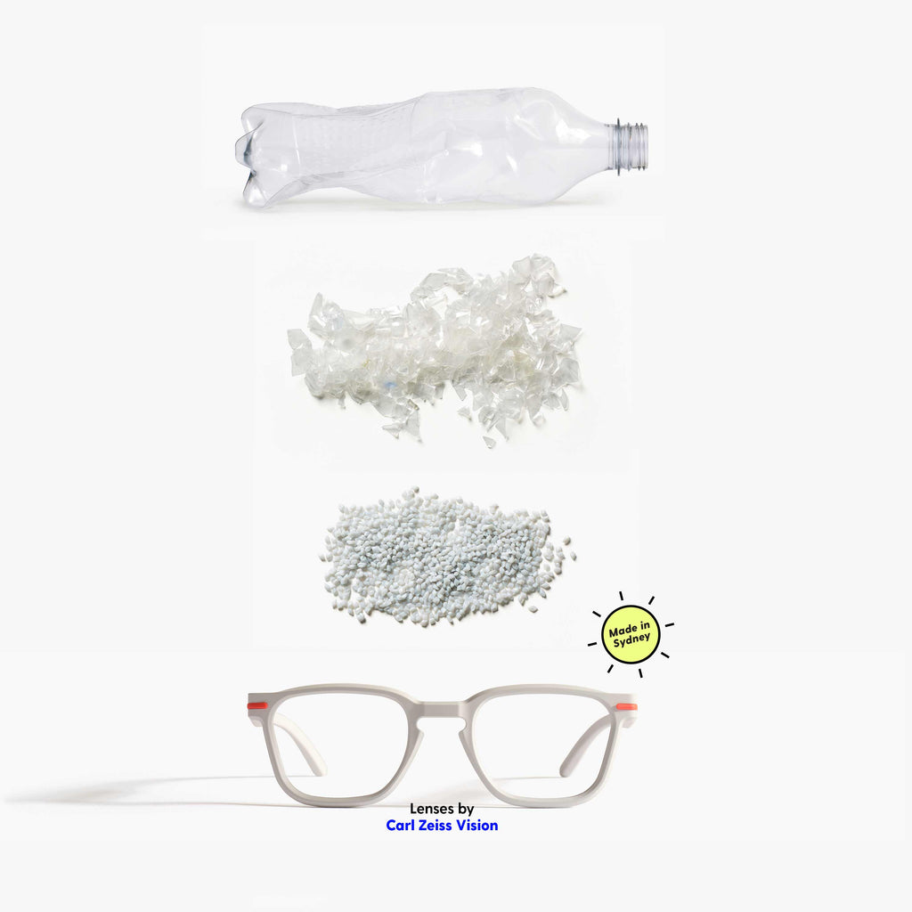 Good Citizens 100% recycled white wayfarer reading glasses. untrash the planet