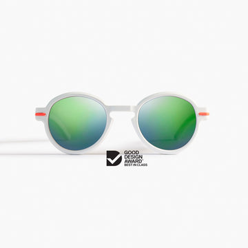 Good Citizens white round sunglasses with zeiss green mirror lenses