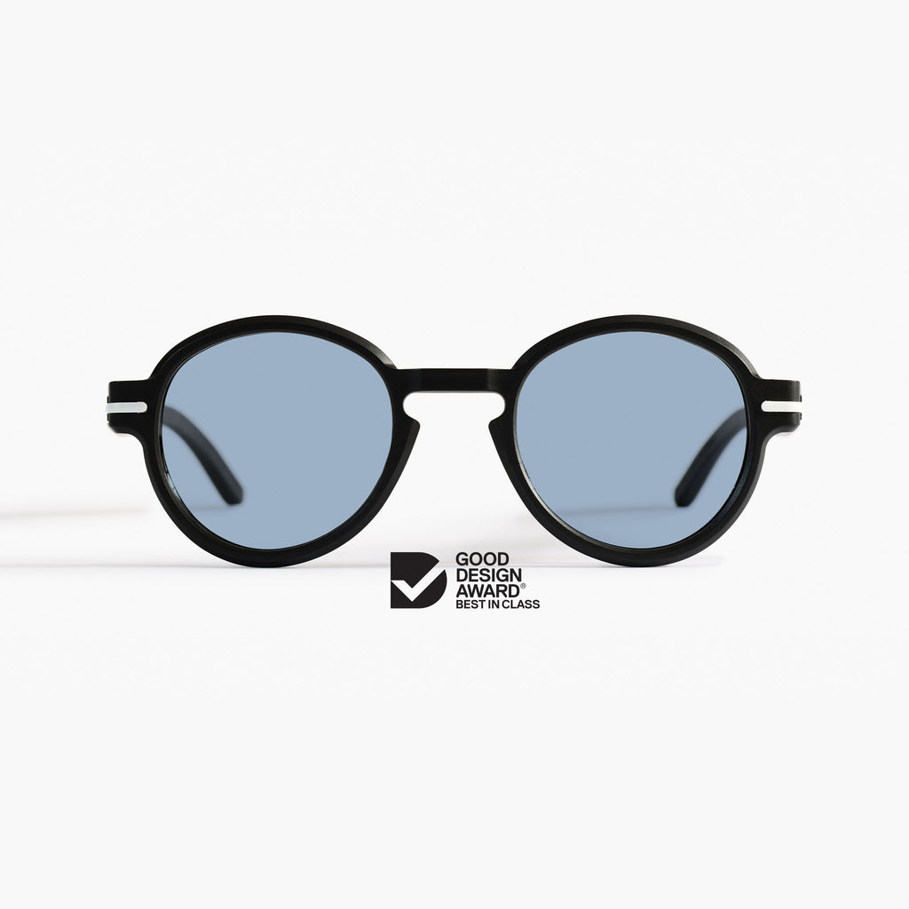 Good Citizens round black sunglasses with zeiss blue tint lenses