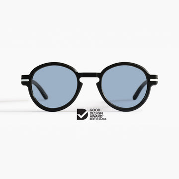 Good Citizens round black sunglasses with zeiss blue tint lenses