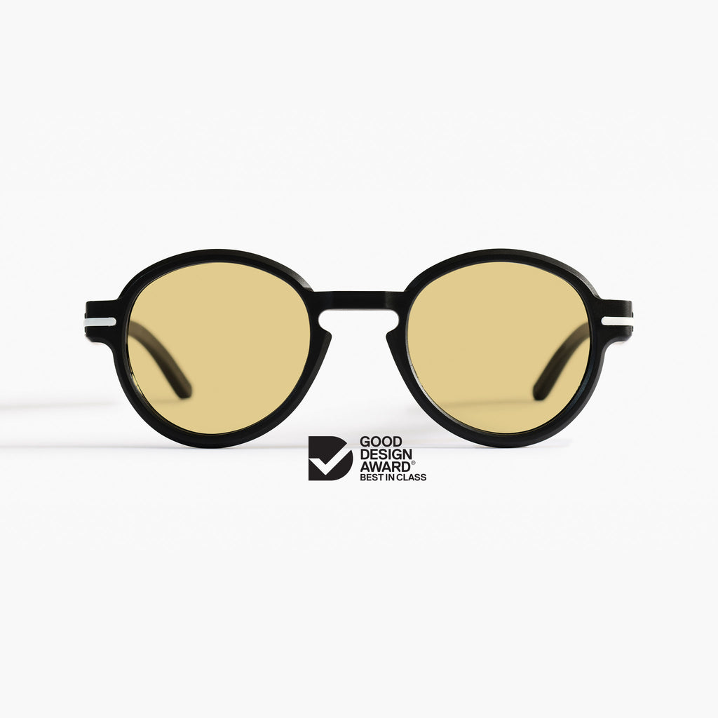 Good Citizens black round sunglasses with zeiss yellow tint lenses